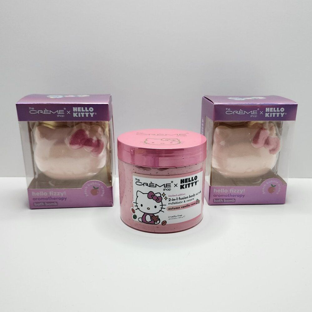Hello Kitty Spa Bundle | 2 Peach Bath Bombs | Vanilla Rose Body Scrub | NEW